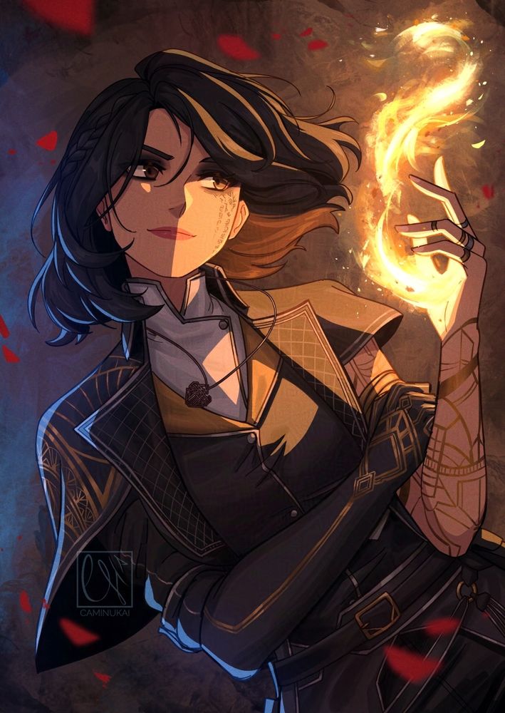 Fanart of Lune from Clair Obscur: Expedition 33. We see her from the front while she's casting magic with her left arm, while her right arm rests on her other arm. She's smiling looking at the magic she's casting and we can see red petals flying around her.