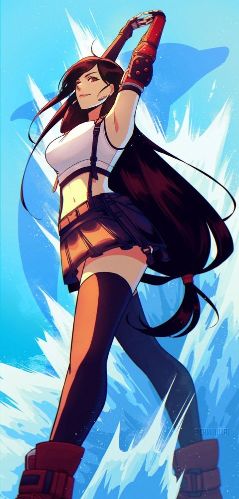 Fanart illustration of Tifa Lockhart from Final Fantasy VII. She's stretching her arms up and giving a step forward, in her signature victory pose after a succesful fight. She has a confident expression and looking down on us, as the camera is slightly under her. In the back we can see a silhouette of a dolphin and water splashing, as a little cameo to her limit break "Dolphin Blow".