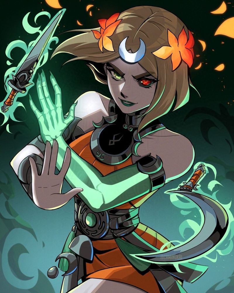 Fanart of Melinoe from the Hades 2 game. She's has a cocky expression while both arms are crossed in front of  her chest, making her weapons float around her with magic. We can see some petals/leaves from her headdress flying around while glowing.