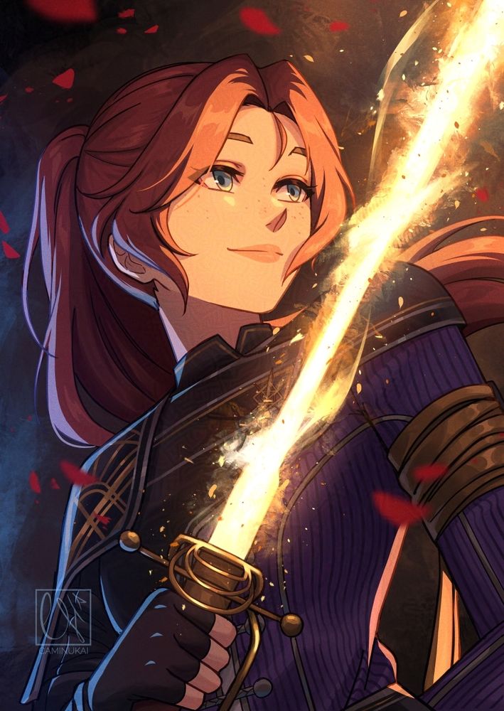 Fanart portrait of Maelle from Clair Obscur: Expedition 33. Camera is a bit on an upwards angle as we look up to her. She's smiling looking off camera, with her sword magically glowing held in front of her chest with her right hand. Her left arm rests behind her back, and we can see red petals flying around her.