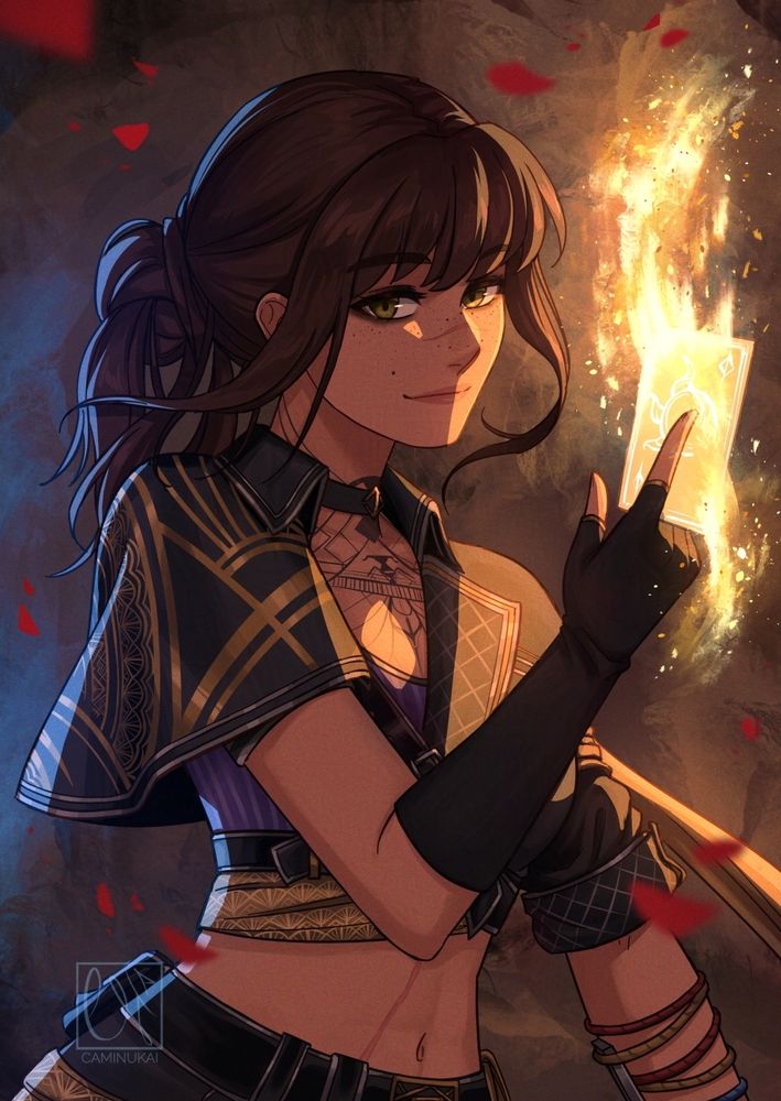 Fanart of Sciel from Clair Obscur: Expedition 33. We see her lifting up her right arm across her chest with a glowing magical card between her index and middle fingers, while her left arm rests downwards. She's looking at the camera with a soft smile. We can see red petals flying around her.