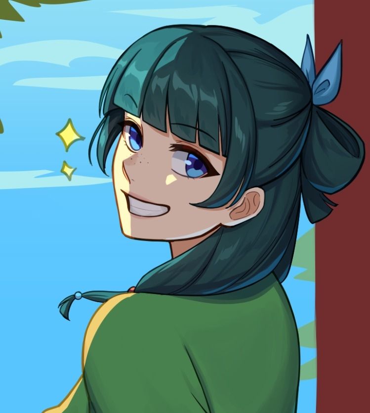 Work in progress picture of a fanart of Maomao from Apothecary Diaries. We can see her flashing a big smile with a confident look while looking over her shoulder.
