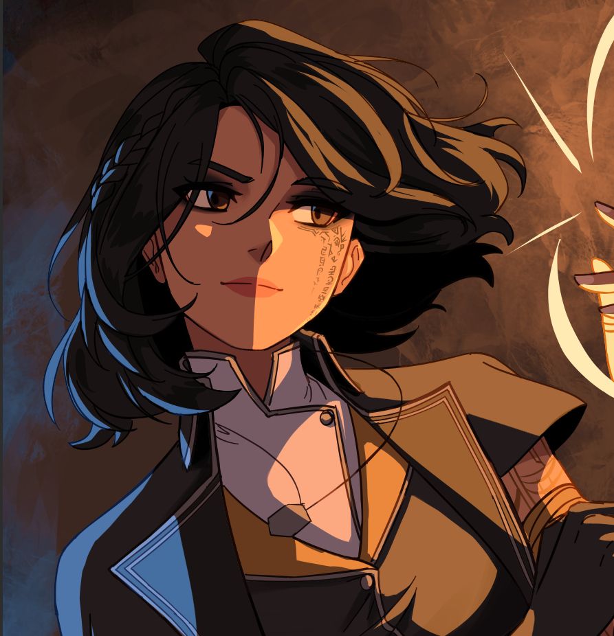 Work in progress picture of a fanart of Lune from Clair Obscur: Expedition 33. Her hair is flowing and she has a confident smile looking at what we can see it's her left hand apparently casting a spell.