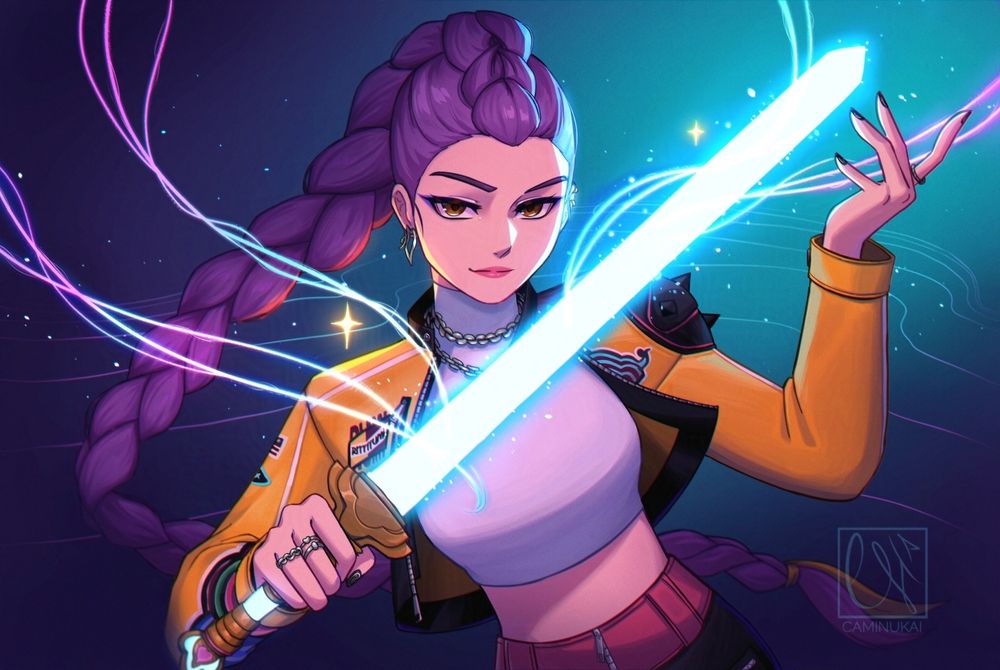 Fanart of Rumi from the movie K-Pop Demon Hunters. She's lifting her right arm holding the hilt of her sword, while summoning the blade with her left hand across her chest. She's looking at the camera with a confident expression. We can see the Honmoon behind her in the background, and some magical effects coming from her sword and hands.