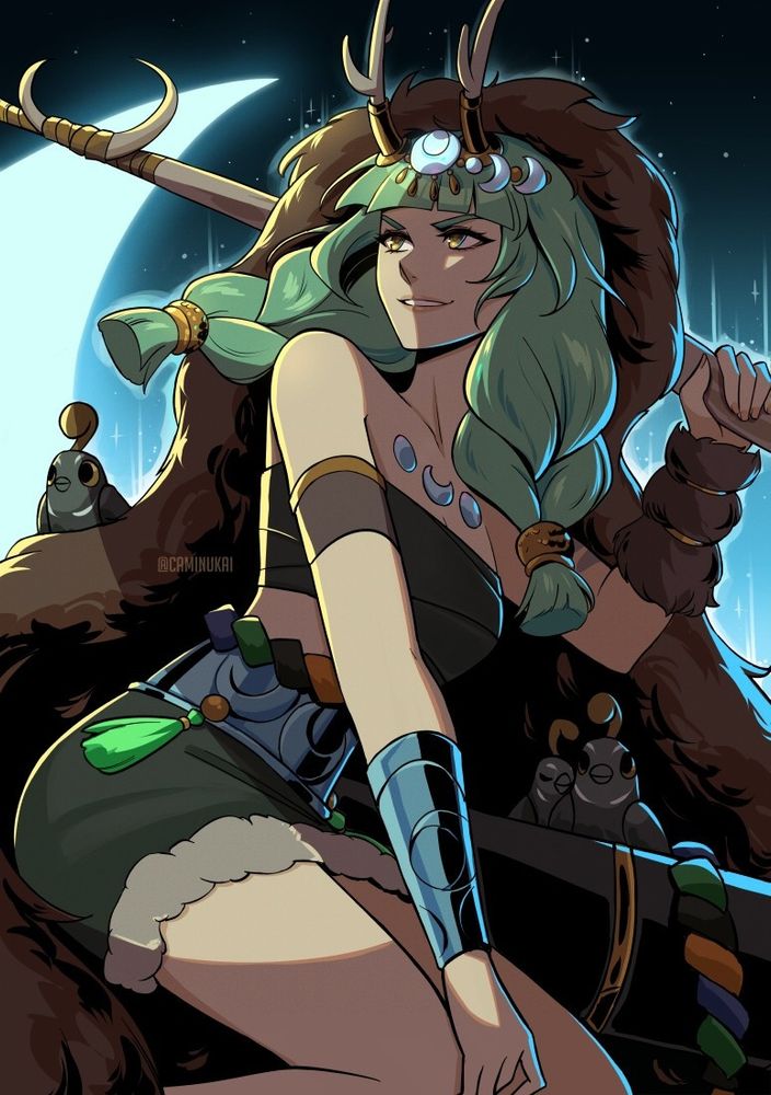 Fanart of Artemis from the Hades 2 game. She's looking confident over her shoulder away off frame, sitting down and holding her bow with her left arm, while resting her right arm on her knee. We are looking at her from below, and we can spy some small birds hiding in her shadow and in her cowl.
