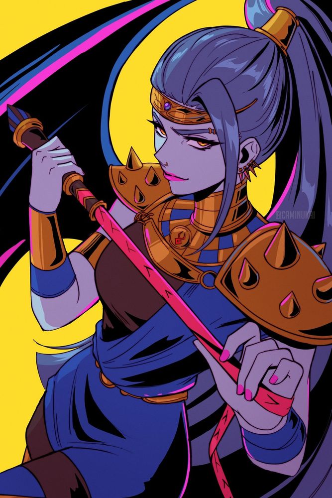 Fanart illustration of Megaera, from the game Hades. She's posing with her whip extended between her hands while leaning on the right side of the image, we are looking down on her and she has a threatening face. It has a very intense yellow background and bright pink highlights.