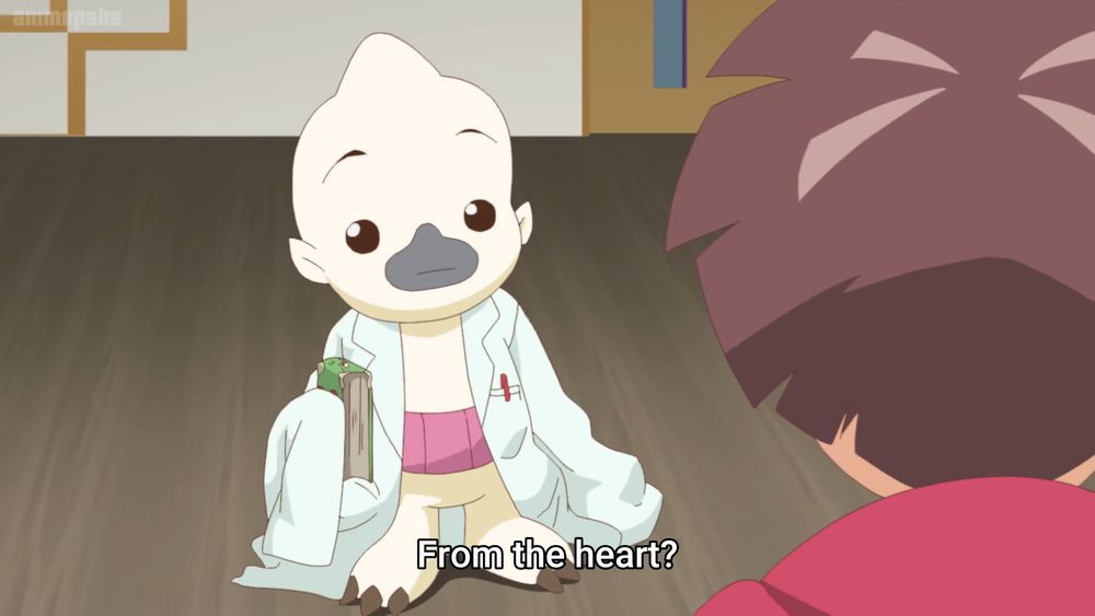 a screenshot from digimon ghost game's 9th episode, warped time. bokomon, a beaked monster with a horn atop his head wearing a labcoat, is looking at hiro, a brown-haired boy. 

subtitles: "from the heart?"