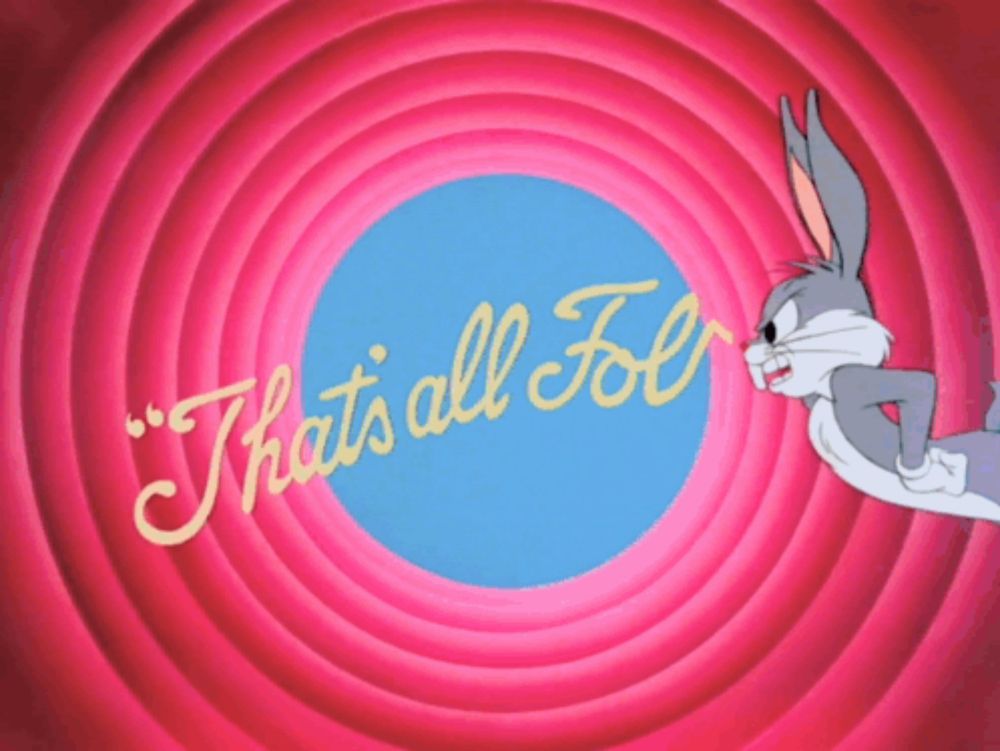 bugs bunny is flying through a circle with the words that 's all for behind him