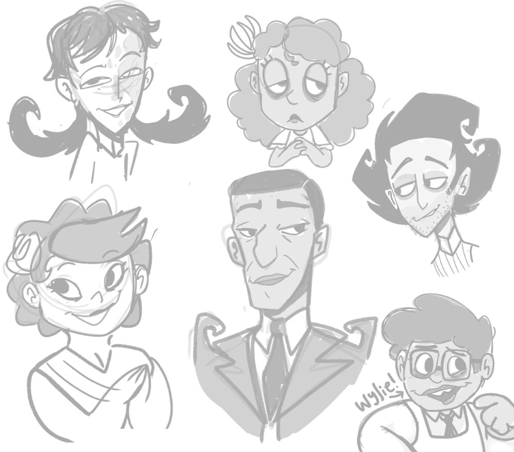 Sketch doodle of Don't Starve characters in my own style and interpretation. The characters being Willow, Wendy, Wilson, Charlie, and Maxwell in that order.
On the bottom corner right is my Don't Starve OC/sona, Wylie.