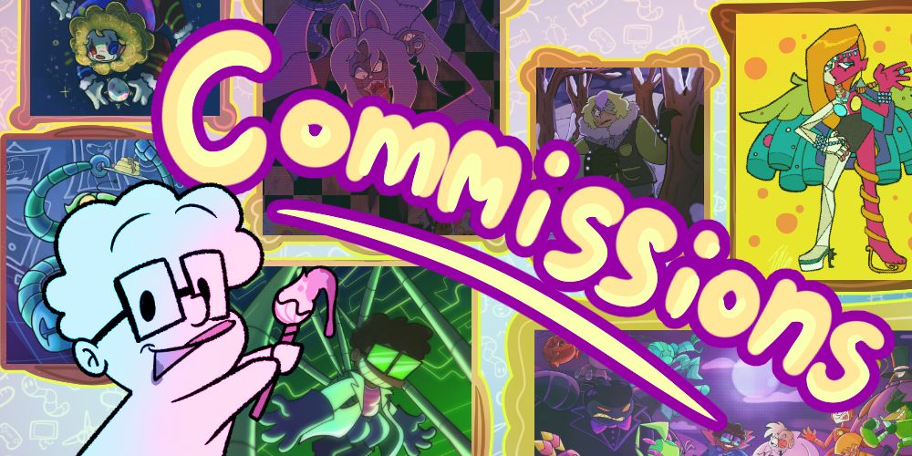 A mini Roger character holding a paintbrush, gesturing over the big words labeled 'Commissions', with various of canvases on the background.