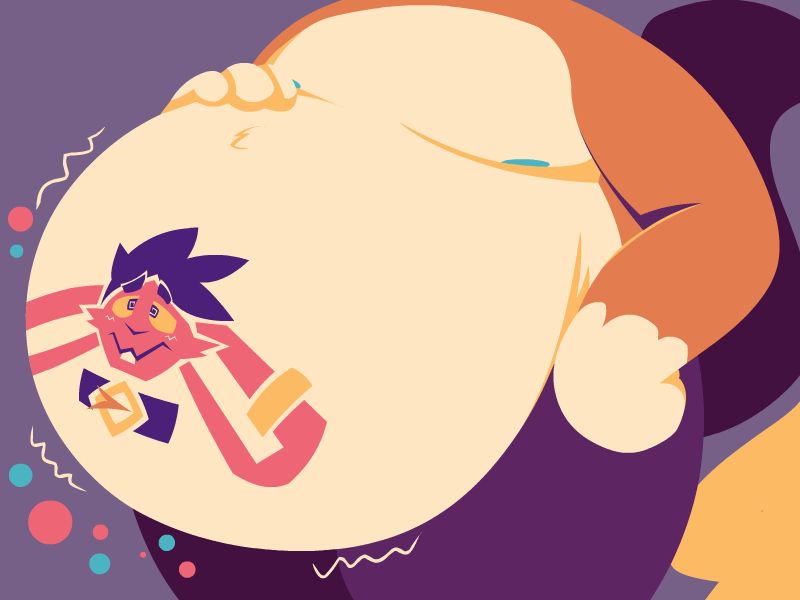 a close-up crop of a round raichu belly, featuring a tattoo of a pink rabbit. this image contains vore and nipples so i'm writing that here so your filters catch it