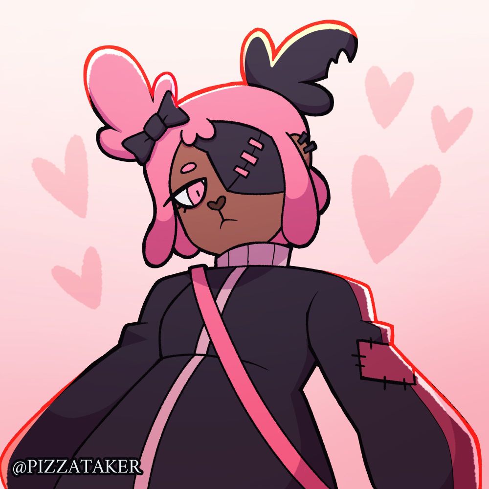 Princess, A Cursed-Dog Plush Girl with an oversized jacket, Eyepatch, & heart-shaped bag. She wears her hair in twin buns, one with a bite out of it.