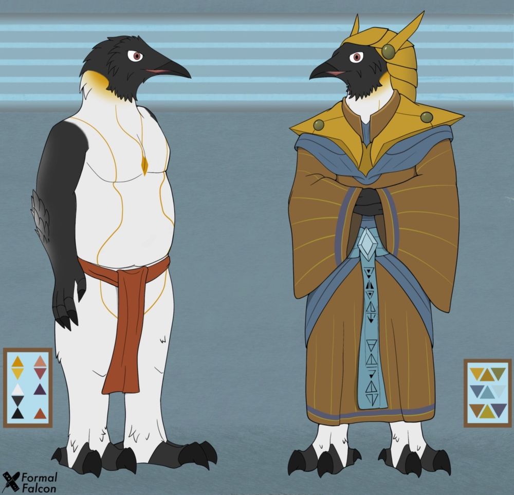 A reference drawing of an anthro Emperor Penguin as a Thoha Chozo. The left shows the marking on the body and the right ref shows them in their traditional wear
#chozo #metroid #furryart