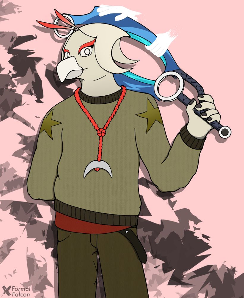 A digital drawing of Pun’s character, Umeko, resting his blade on his shoulder

#furryart #avian