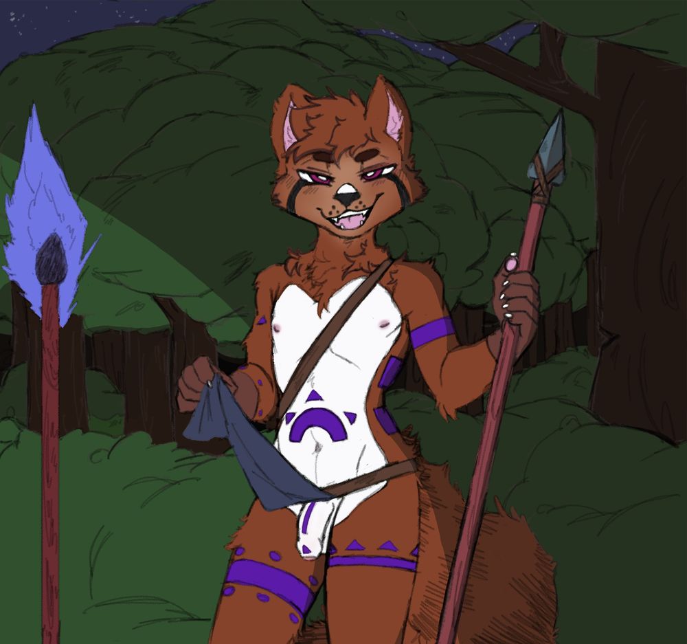 Tribal themed raccoon wearing loin cloth with royal purple body paint, exposing himself to viewer