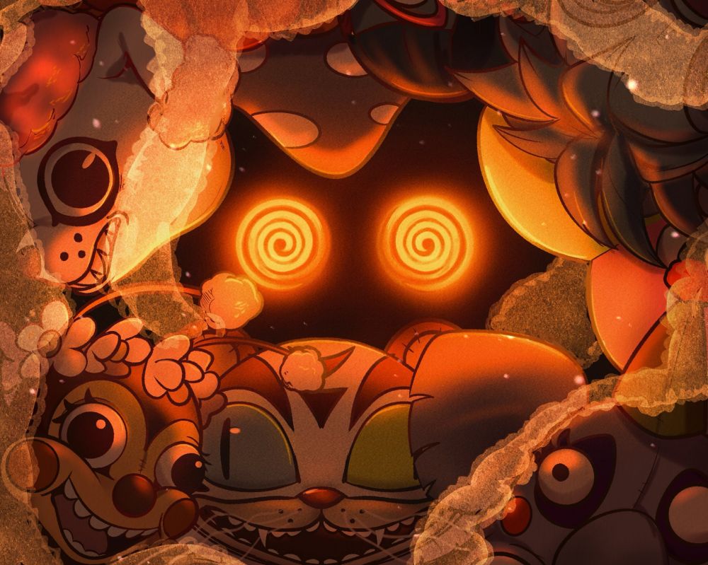 secret of the mimic model mimic surrounded by various mascot heads and lace