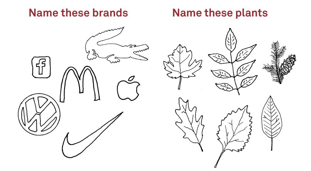 Adbusters magazine cartoon: Name these brands with Nike, McDonalds, Volks Wagon, Apple, Facebook, and Lacoste logos and Name these plants with assorted leaves.