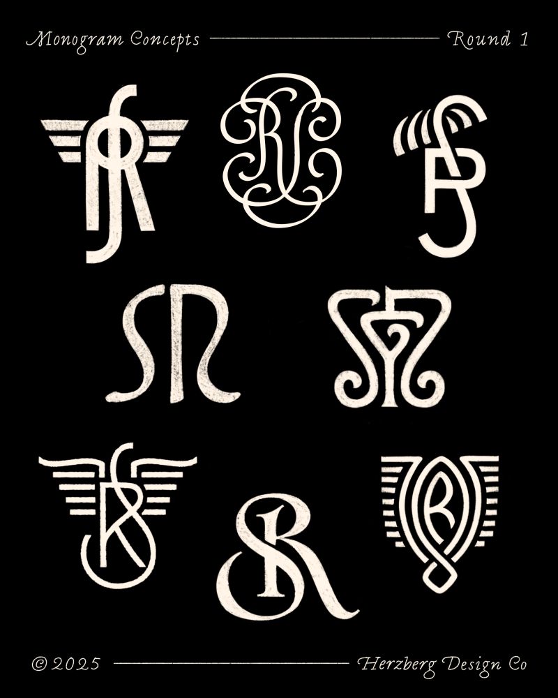 A collection of 8 “RS” and “RGS” monograms in various styles, creme color on a black background.