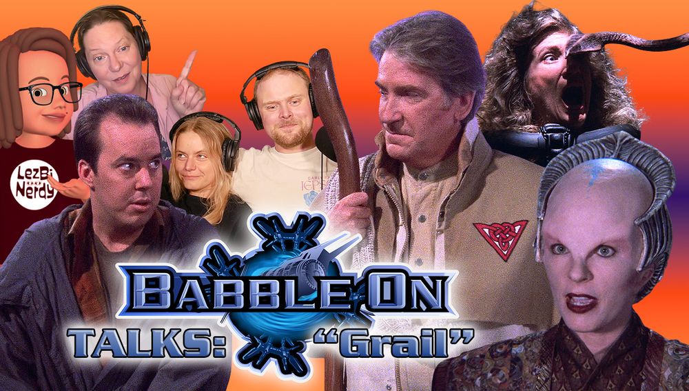 Thumbnail for Babble On Talks: “Grail”. In the background, Jenny’s cartoon avatar in a “Lezbi Nerdy” shirt is on the left, with Jenn, Ali, and Gus wearing headphones across the center, and Miriam Runningdeer on the far right screaming with a tentacle on her head. In the foreground are Babylon 5 characters: Jinxo looking wary, Aldous holding a staff, and Delenn speaking. The logo “Babble On Talks” is centered above the episode title “Grail.”