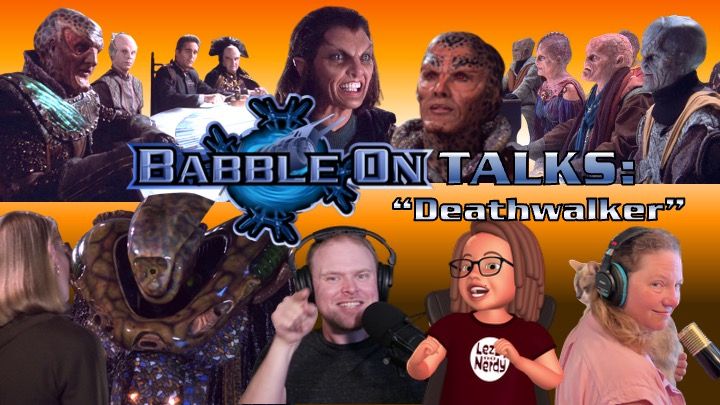 A vibrant orange-toned thumbnail for the Babble On Talks: “Deathwalker” podcast episode. The top row shows key Babylon 5 characters and ambassadors from the episode: G’Kar, Lennier, Sinclair, Londo, Jha’dur snarling, Na’Toth, and a group from the League of Non-Aligned Worlds. The bottom row features the back of Talia Winters’ head facing Kosh, then Gus smiling with a finger raised, Jenny’s Lezbi Nerdy avatar mid-discussion, and Jenn speaking into a microphone. The title “Babble On Talks: ‘Deathwalker’” is centered in bold white and blue text over a stylized jumpgate logo with “B5” in the center.