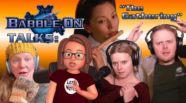 A promotional thumbnail for the "BabbleOn Talks" podcast. The background is an image of the character Takashima from Babylon 5 playing a flute. In the foreground are the four hosts, from left to right: Jenn, a woman in a yellow beanie and scarf with a surprised expression; Jenny, shown as a digital avatar wearing a "LezBiNerdy" t-shirt; Ali, a woman with blonde hair and headphones, looking intently at the camera; and Gus, a man wearing headphones and making a comically stressed face.