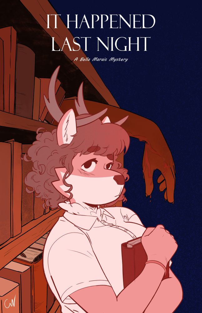 Illustration in the style of a graphic novel cover. A deer girl holds a book, and looks quizzically into the distance. Behind her is a library book shelf, with a limp hand jutting out of it. Blood drips down the hand's fingers 