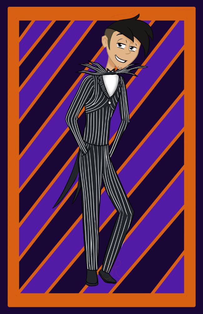 Griff from the in-progress show Far-Fetched dressed in Jack Skellington's outfit from The Nightmare Before Christmas. The background is framed in orange and dark purple, with diagonal alternating light and dark purple lines in the middle.