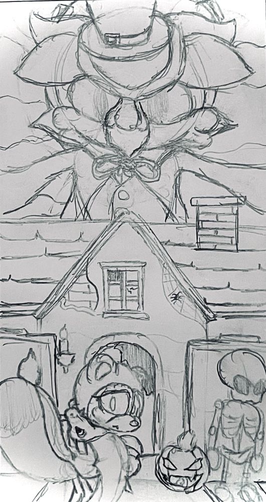 A drawing showing two OCs, Akina (down) wearing a Charizard costume, while looking at the camera scared, and Azure (up) looking down like a villain. The “Abandoned/Haunted House” belongs to Azure, as a special “attraction” for Halloween.

Un dibujo mostrando a dos OCs, Akina (abajo) con un disfraz de Charizard, mientras ve a la cámara asustada, y Azure (arriba) viendo hacia abajo como un villano. La “Casa Abandonada/Encantada le pertenece a Azure, como un tipo de “Atracción” especial para Halloween.