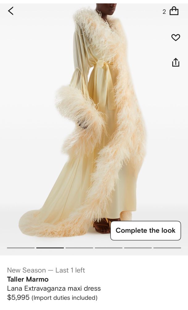 Item listing on Farfetch for a sheer, feather lined robe in a champagne beige. 

New Season — Last 1 left
Taller Marmo
Lana Extravaganza maxi dress $5,995 (Import duties included)