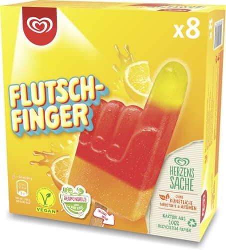 Picture of a box of flutsch-finger ice lollies. Ice lollies shaped like a hand pointing upwards. 