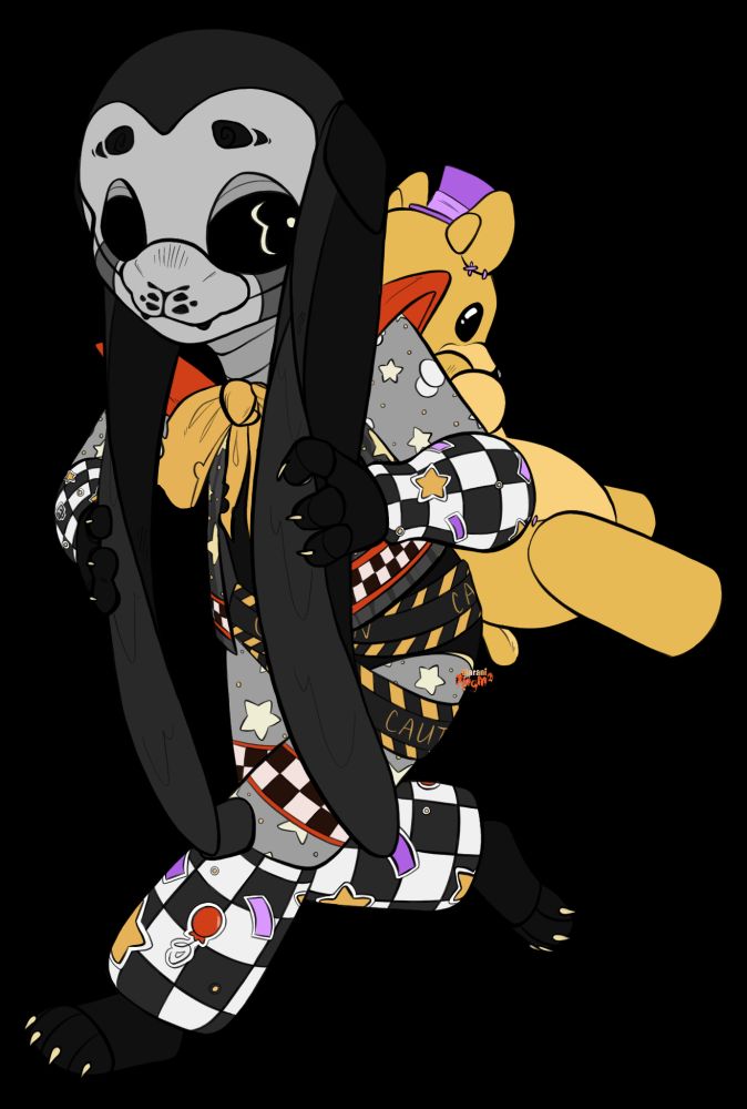 A black, grey, yellow and white anthro animatronic rabbit carrying a yellow bear plush with a purple hat on its back