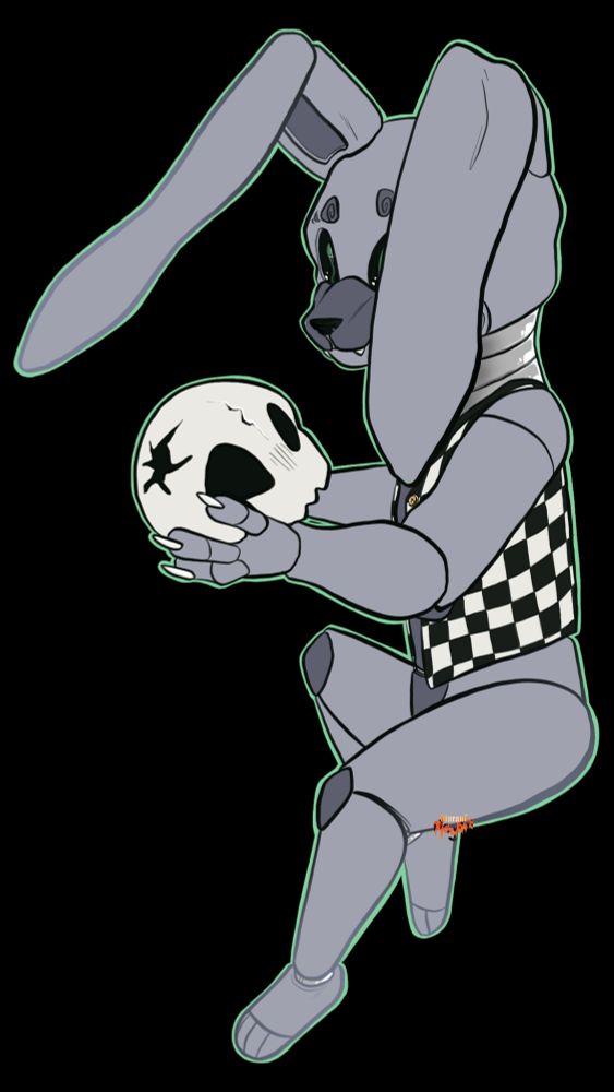 A grey rabbit animatronic with half lopped ears holding a chibi stylized skull and wearing a green bowtie and checkered vest