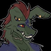 A green, red and purple rabbit and crocodile hybrid