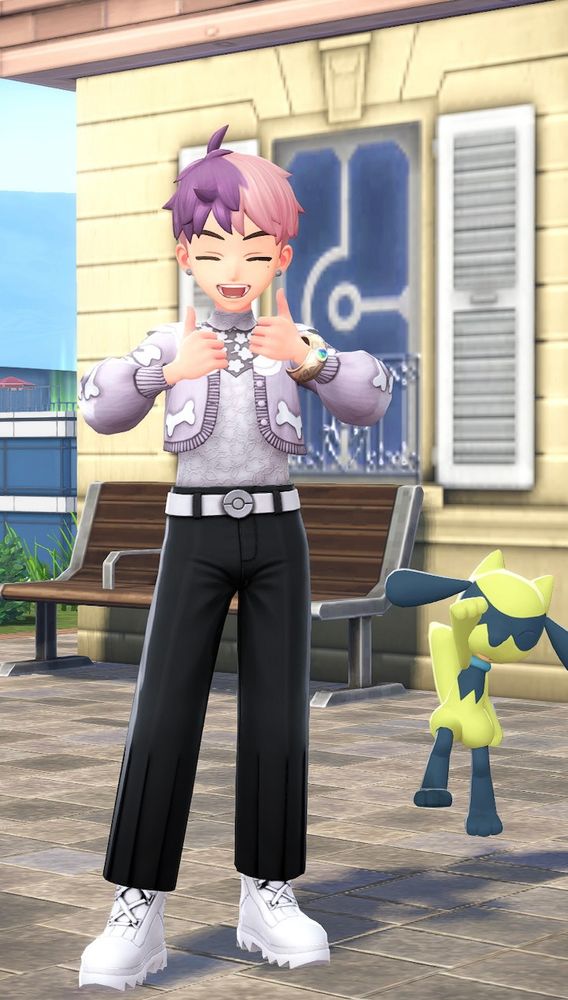my pokemon legends za trainer doing a double thumbs up with shiny riolu.