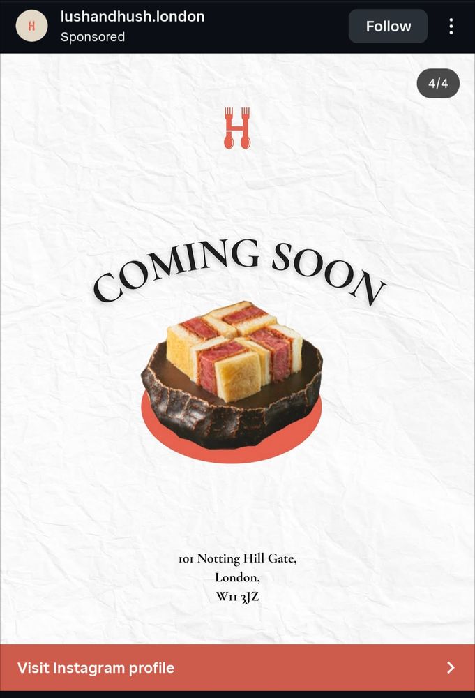 Image of lush and hush London Instagram post with a meat sandwich (?) arranged in the shape of a swastika