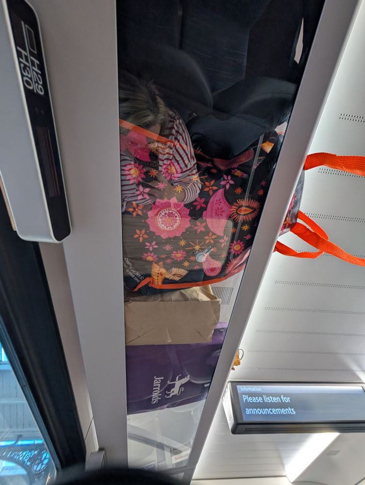Photo of a glass-pannelled luggage rack on a train, with 3 full shopping bags and a rucksack on it.