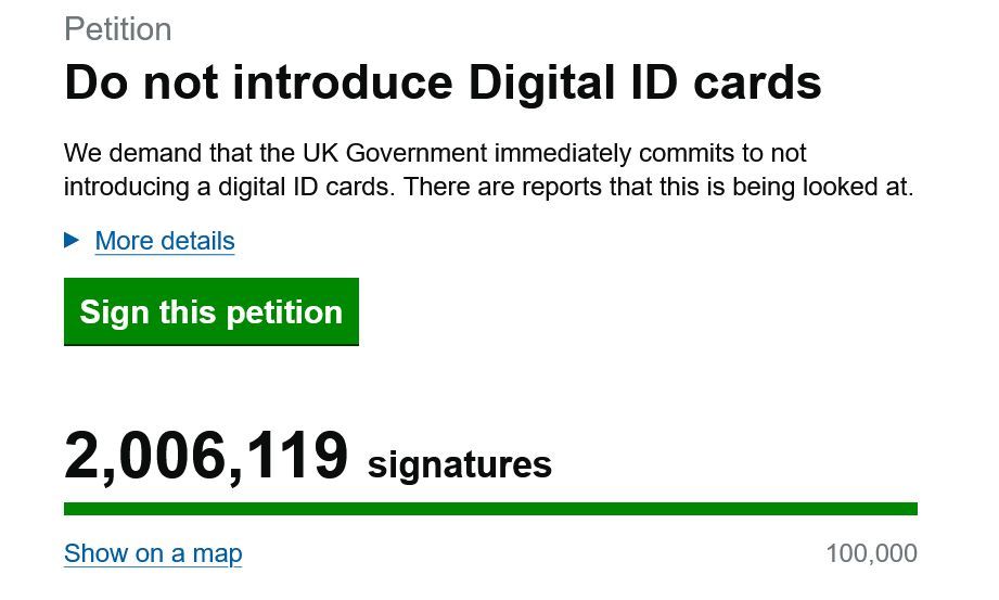 Screenshot of a petition on the UK Government and Parliament petitions website.  It shows that the petition "Do not introduce Digital ID cards" currently has 2,006,119 signatures.