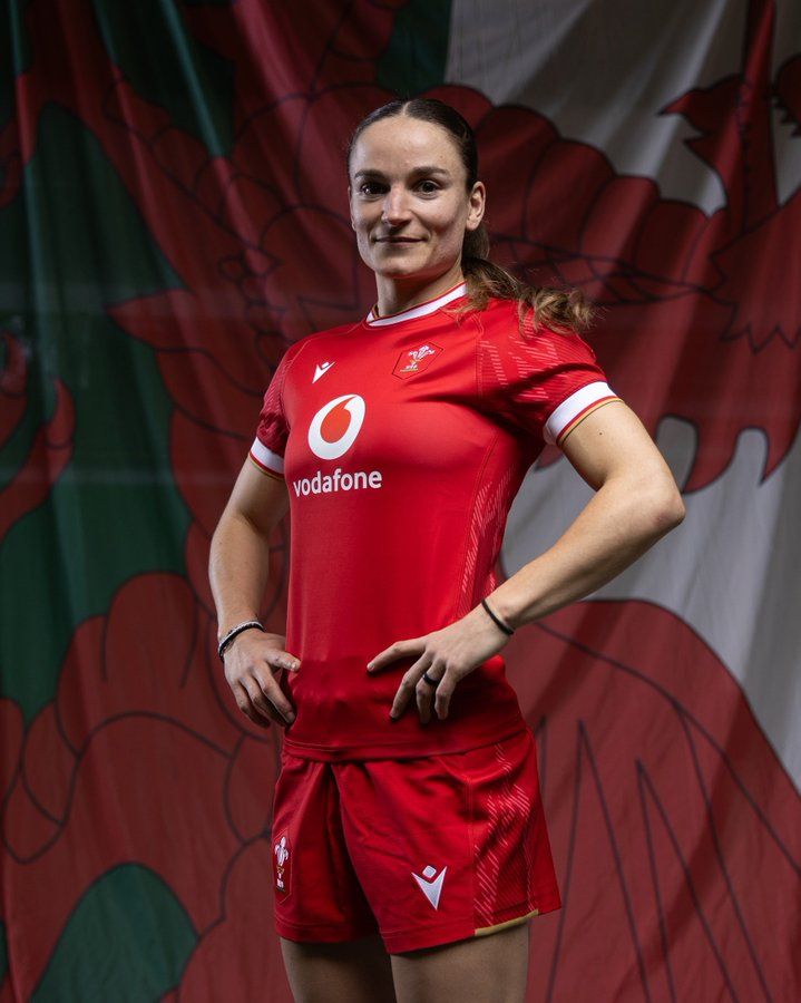 Photo of Welsh rugby player Jasmin Joyce in her Wales kit.
