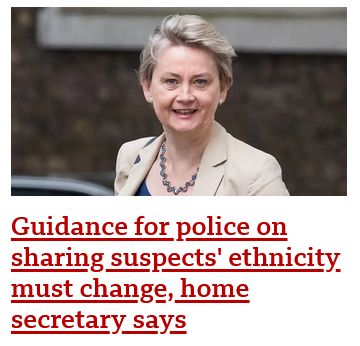 Screenshot of a BBC News headline from today that reads - "Guidance for police on sharing suspects' ethnicity must change, home secretary says"