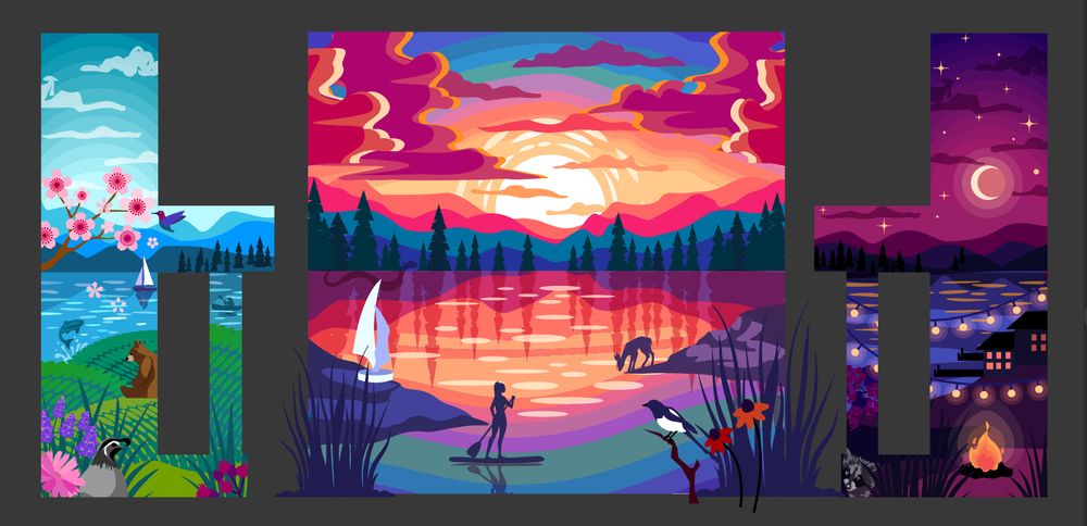 Art mockup for a piano mural depicting Kelowna BC nature scenes of the lake and mountains in spring summer and fall