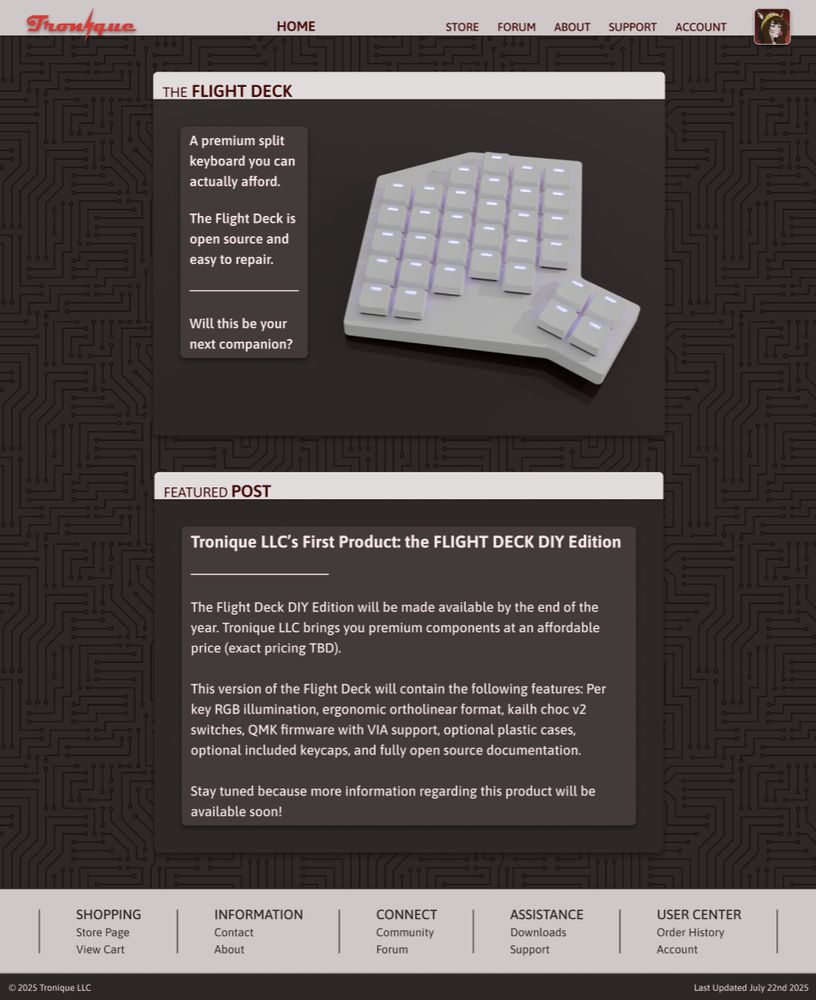 Preview of the Tronique website homepage. Features an image of the product and sample marketing information. Design and content are not final and should not be taken as hard fact.