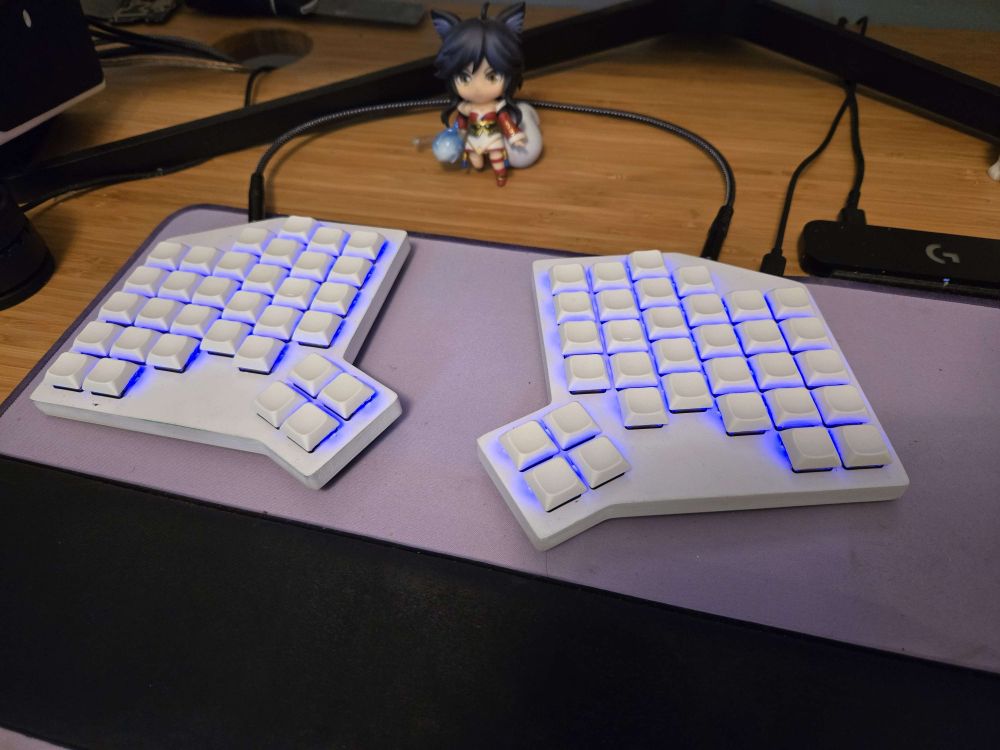 Prototype design for the Flight Deck by Tronique. It uses kailh choc v1 switches and custom PCBs. There are 66 keys with per key RGB illumination. The boards are powered by an RP2040 in each half. Both halves can be connected to a computer via type C, and a TRRS port is used for linking the boards together. The boards can either be plugged in separately or connected with a TRRS cable. 