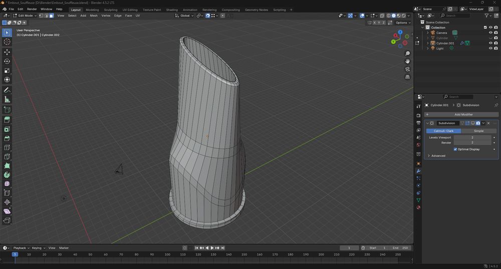 Un capture d'écran de blender ou l'on voit la modélisation d'une sorte d'embout d'aspirateur, destiné a une souffleuse a feuilles. 