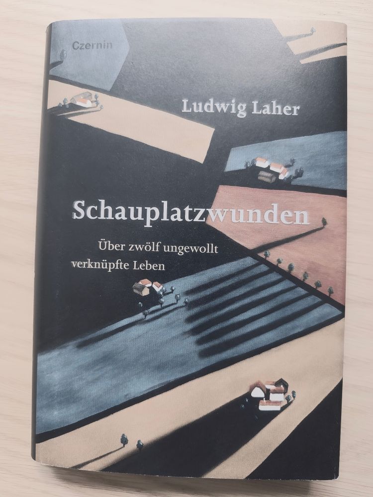 buchcover
ludwig laher
schauplatzwunden
über zwölf ungewollt verknüpfte leben
czernin verlag
hintergundillustration stilisierte zeichnung mit verstreuten höfen die in die innviertler landschaft lange schatten werfen