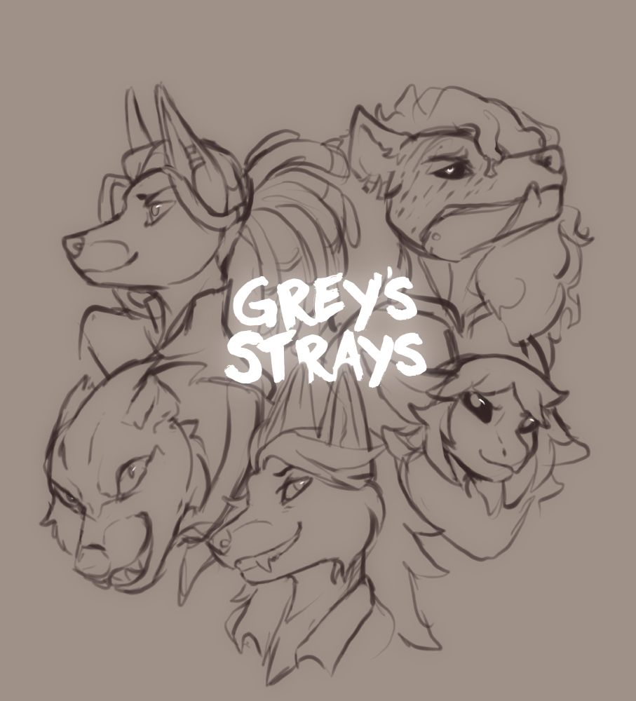The full crew of the lancer campaign, titled Grey's Strays. Shelby (she/her), a fox, is on the bottom, grinning with a huge snaggletooth. Clockwise from her is 417 (it/they), a hulking wolverine with *lots* of issues she is eager to help them through. Next is Aurele (she/her), a mysterious jackal who's absorbed paracasual crazyness. After that at 2 o'clock is deVries(she/her), a hyena with a scarred face and mostly prosthetic body (and a dead wife oh no). Finally is Magz(they/them/she), a little gecko who controls a swarming hive of vicious and powerful nanobots.