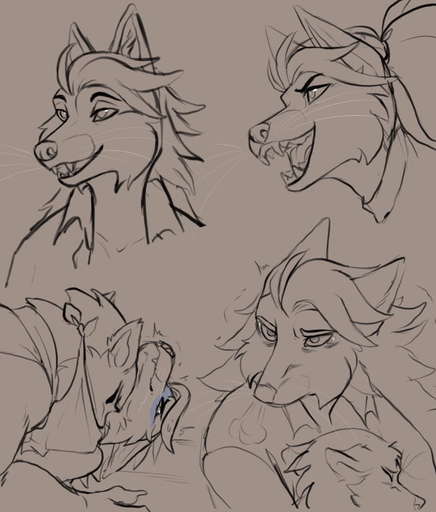 Four shots of Shelby. Starting at the uppter left, she sports a casual grin, eyes relaxed. Clockwise, she opens her maw in a snarl of excitement and focus. Third, she holds a distressed, young 417, on the verge of tears following a tragedy. Lastly, a fully grown, massive 417 crushes the breath from her lungs by smooshing her against the groun.