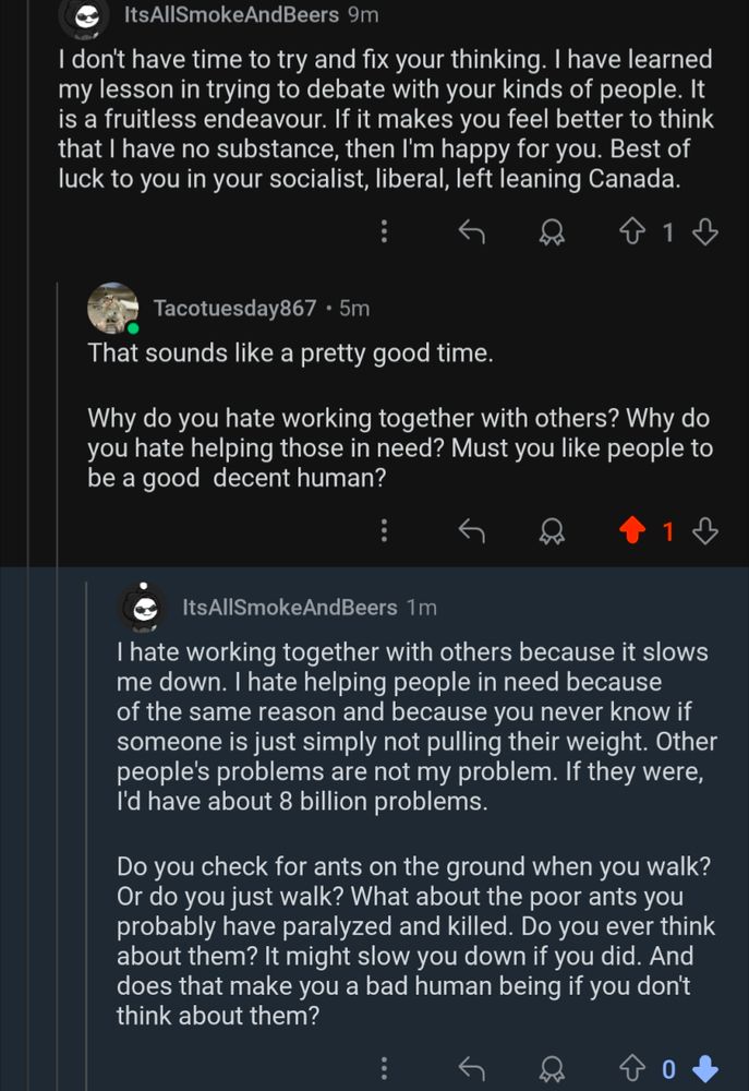 A reddit post of someone comparing humans to ants.