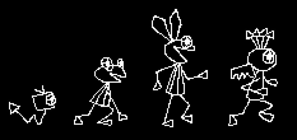 an evolution chart of vibri. first is worm vibri, then frog vibri, rabbit vibri, and finally queen vibri