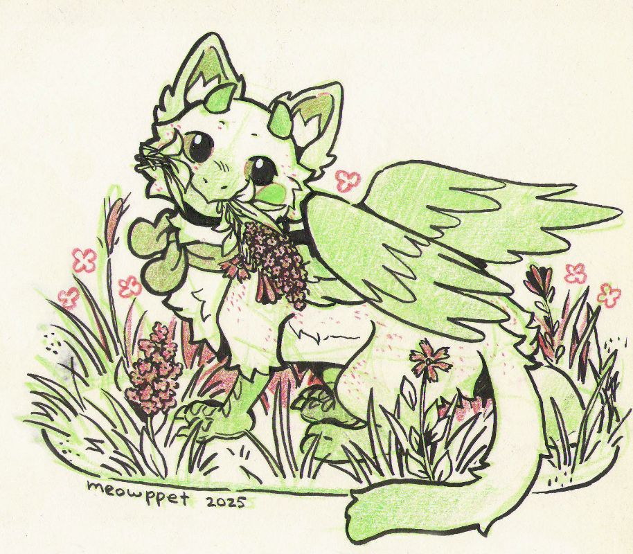 sketchy traditional fullbody drawing of a small cat-like dragon creature with small horns and feathered wings, carrying some flowers in its mouth and standing in the middle of a field of wildflowers. it's done in bright green and dark purpleish colour pencils and lined with a black brushpen.