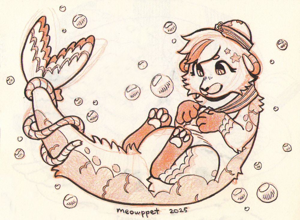 traditional fullbody drawing done with an orange colour pencil and lined with a black brushpen, of an otter-seal hybrid critter. they are drawn as if floating on their back, holding a shell to their chest, while surrounded by bubbles. they are wearing various sailor-themed accessories.